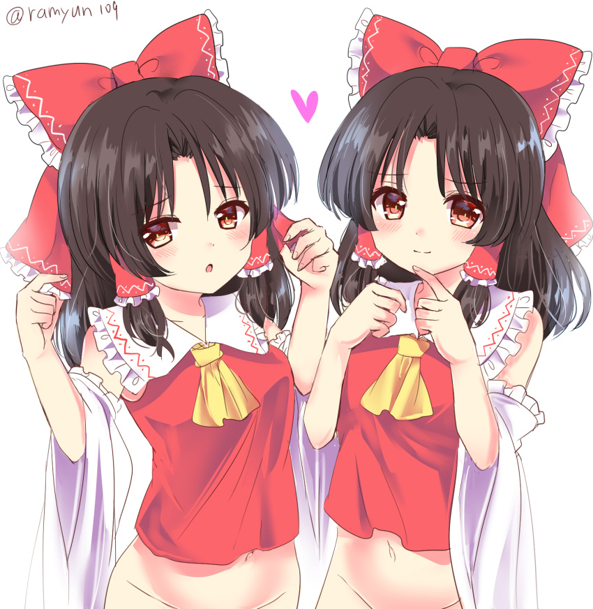 2girls blush bow brown_eyes brown_hair commentary_request dual_persona finger_to_chin hair_bow hakurei_reimu hands_up heart highres midriff multiple_girls navel no_pants ramudia_(lamyun) red_bow simple_background smile touhou twitter_username upper_body watermark white_background yellow_neckwear