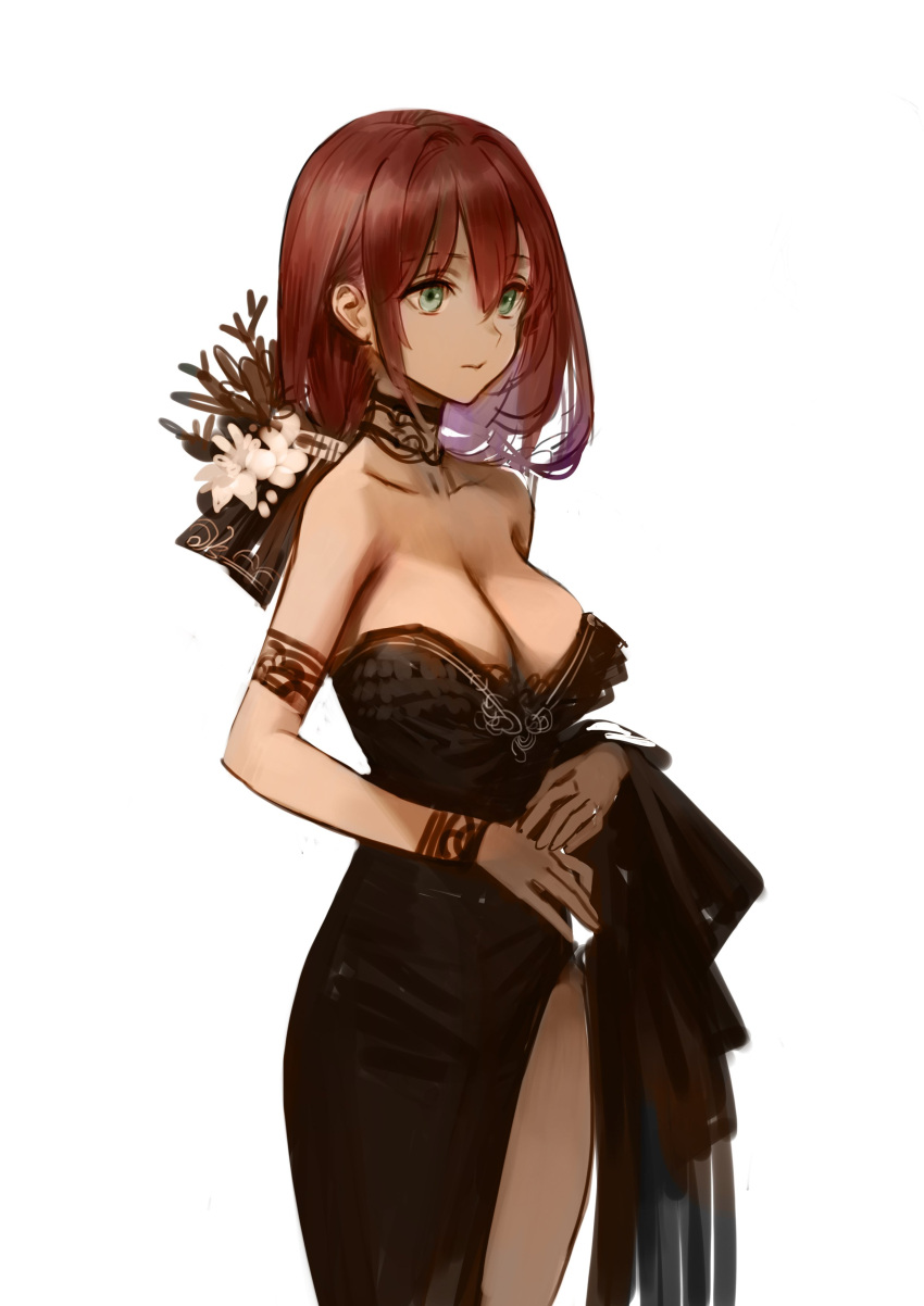 1girl absurdres armband bangs black_dress breasts choker cleavage closed_mouth collarbone cowboy_shot dokshuri dress expressionless flower green_eyes hair_between_eyes hair_flower hair_ornament hair_ribbon highres large_breasts long_hair looking_ahead original redhead ribbon simple_background solo standing white_background wristband