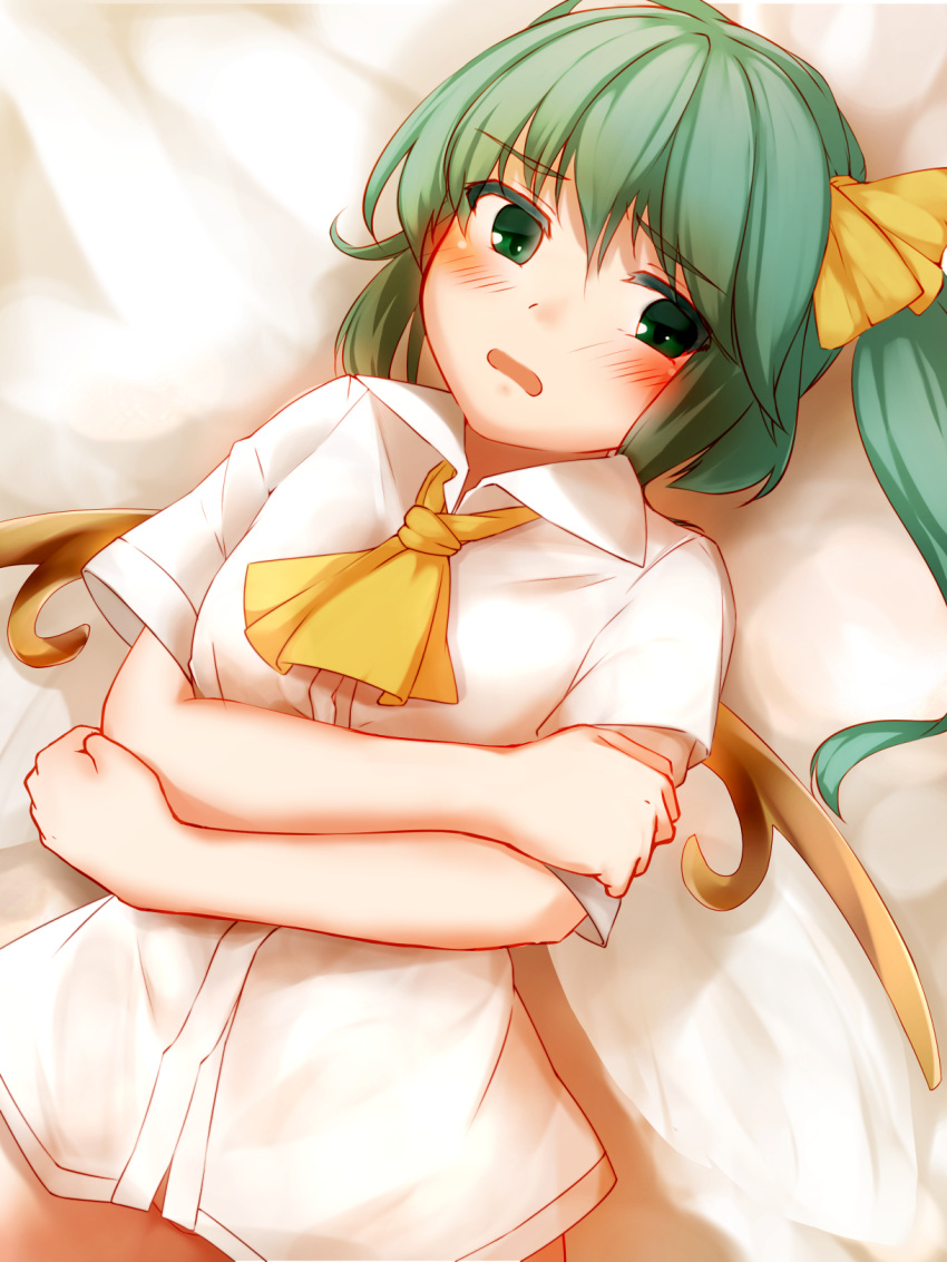 1girl ascot bed_sheet blush commentary daiyousei eyebrows_visible_through_hair eyes_visible_through_hair fairy_wings green_eyes green_hair hair_ribbon highres long_hair looking_at_viewer lying on_back open_mouth pokio ribbon shirt short_sleeves side_ponytail solo touhou upper_body white_shirt wings yellow_neckwear yellow_ribbon