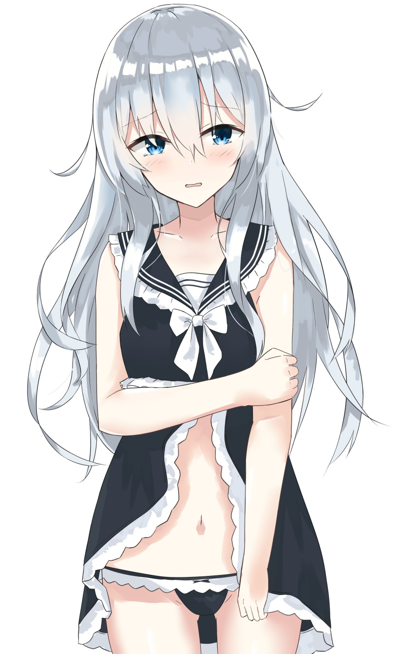 1girl absurdres blue_eyes blush collar collarbone cowboy_shot evening_rabbit frilled_collar frills hibiki_(kantai_collection) highres kantai_collection long_hair looking_at_viewer navel open_mouth shy silver_hair simple_background solo standing underwear white_background