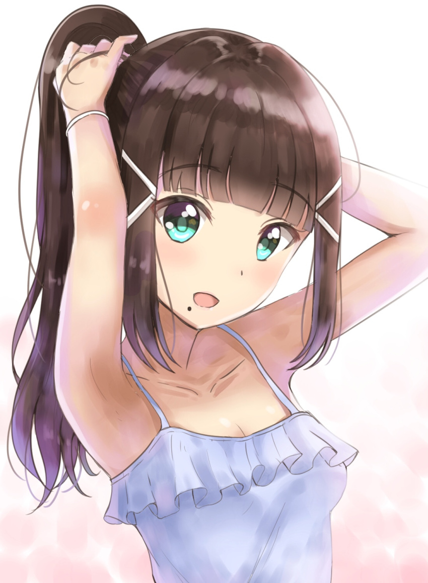 1girl :d armpits arms_up bangs bare_arms bare_shoulders blue_camisole blunt_bangs blush breasts brown_hair bunching_hair camisole cleavage collarbone commentary_request eyebrows_visible_through_hair green_eyes hair_ornament hairclip head_tilt high_ponytail highres kurosawa_dia long_hair love_live! love_live!_sunshine!! mole mole_under_mouth open_mouth ponytail sidelocks sin_(sin52y) small_breasts smile solo upper_body white_background