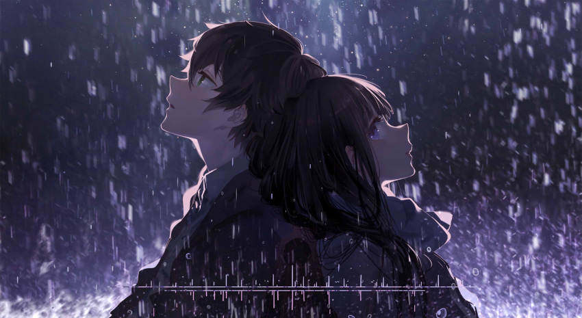 1boy 1girl back-to-back bangs black_hair blue_eyes brown_hair chitanda_eru cici commentary_request green_eyes hair_between_eyes highres hyouka jacket long_hair looking_back looking_up open_clothes open_jacket open_mouth oreki_houtarou profile rain shirt short_hair upper_body water_drop