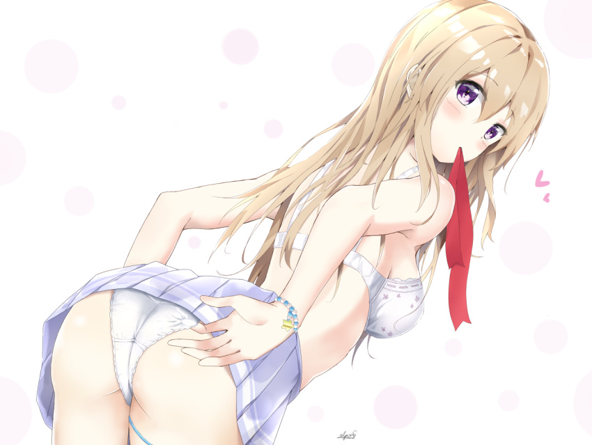 1girl 7_calpis_7 ass bead_bracelet beads blue_skirt bra bracelet heart jewelry leaning_forward light_brown_hair long_hair looking_at_viewer midriff mouth_hold original panties simple_background skirt solo underwear violet_eyes white_bra white_panties