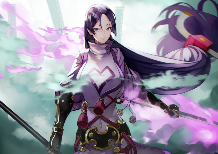 1girl 55level arm_guards bodysuit bow_(weapon) breasts covered_navel fate/grand_order fate_(series) fingerless_gloves gloves holding holding_sword holding_weapon large_breasts long_hair looking_at_viewer low-tied_long_hair minamoto_no_raikou_(fate/grand_order) purple_bodysuit purple_hair solo sword very_long_hair violet_eyes weapon