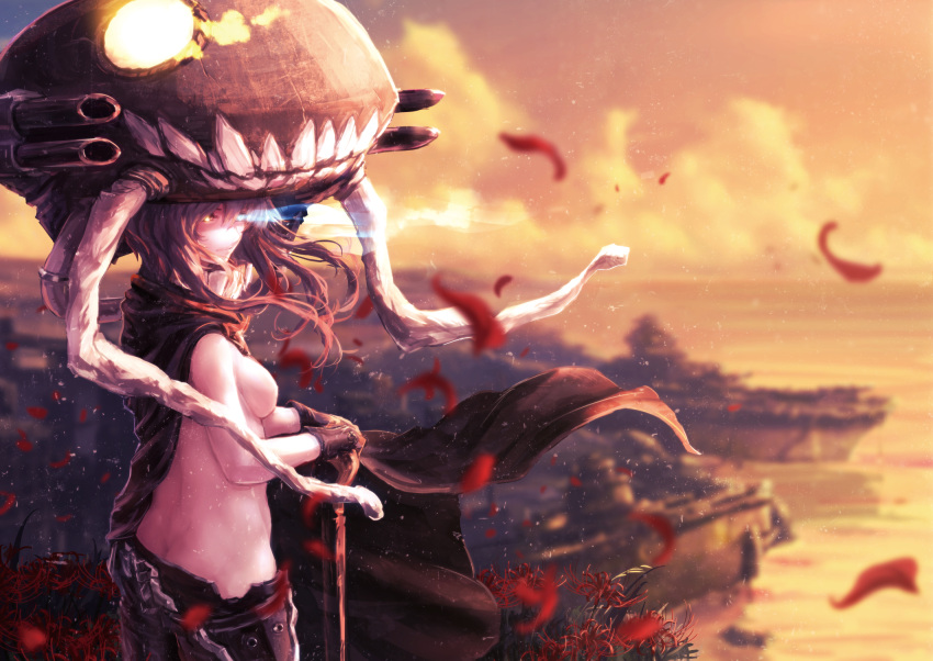 1girl black_gloves blown_petals blue_fire blurry bodysuit burning_eye cane cape clouds depth_of_field dusk dust_particles evening fire flower gloves grey_hair hand_on_cane highres hill kantai_collection long_hair looking_at_viewer looking_back nina_(ninageya) ocean red_sky shinkaisei-kan ship sky solo spider_lily tentacle water watercraft wo-class_aircraft_carrier