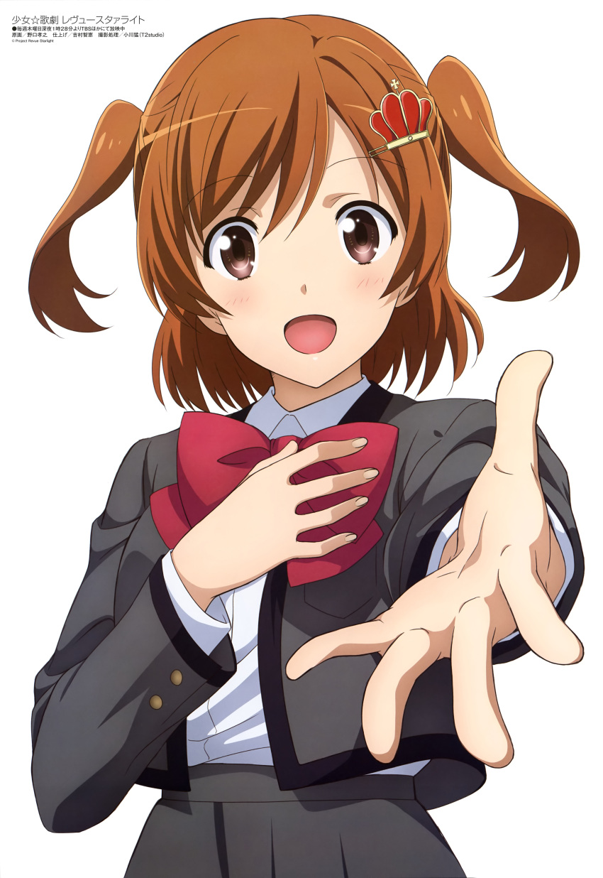 1girl :d absurdres aijou_karen blush bow bowtie breast_pocket breasts brown_eyes collared_shirt crown_hair_ornament eyebrows_visible_through_hair eyes_visible_through_hair fingernails grey_jacket grey_skirt hair_between_eyes hand_on_own_chest highres jacket light_brown_hair looking_at_viewer magazine_scan medium_breasts megami noguchi_takayuki official_art open_hand open_mouth outstretched_hand pocket red_neckwear scan school_uniform seishou_music_academy_uniform shirt shirt_tucked_in shoujo_kageki_revue_starlight simple_background skirt smile solo tongue two_side_up white_background white_shirt
