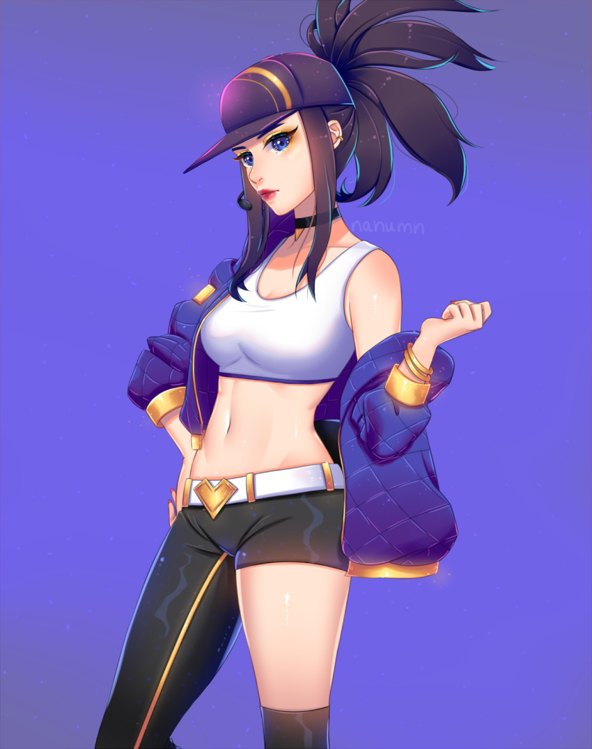 1girl abs akali belt belt_buckle blue_eyes bracelet breasts brown_hair buckle choker cleavage collarbone dancer ear_piercing hat heart highres jacket jacket_removed jewelry league_of_legends lipstick long_hair makeup medium_breasts microphone midriff mismatched_legwear nail_polish navel piercing ponytail single_thighhigh solo standing tank_top thigh-highs waist