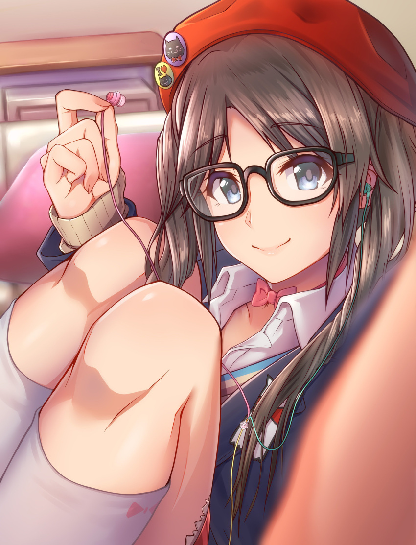 1girl absurdres eyebrows_visible_through_hair glasses hat hat_ornament highres idolmaster idolmaster_shiny_colors keffiy looking_at_viewer mitsumine_yuika red_hat single_earphone_removed tagme