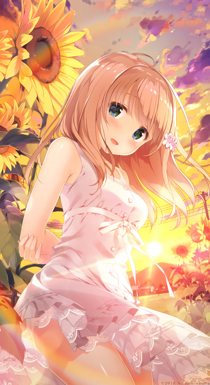 1girl 2018 :d ahoge arms_behind_back artist_name bangs bare_arms bare_shoulders blush bow breasts brown_hair building clouds cloudy_sky dress eyebrows_visible_through_hair fanbox_reward fingernails flower green_eyes hair_between_eyes hair_flower hair_ornament highres kimishima_ao long_hair looking_at_viewer momoi_saki open_mouth original outdoors paid_reward pink_flower see-through sky sleeveless sleeveless_dress small_breasts smile solo sundress sunset very_long_hair white_bow white_dress yellow_flower