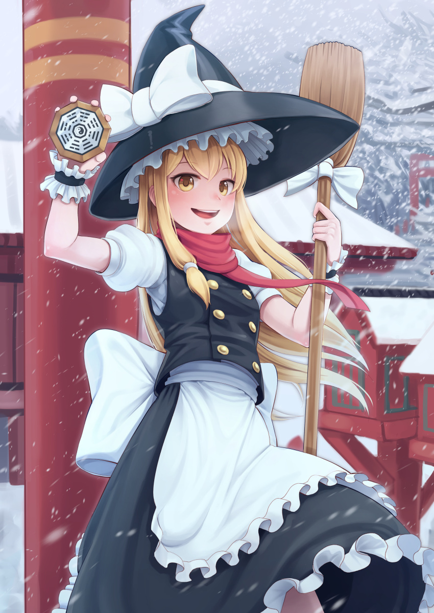 1girl absurdres black_hat blonde_hair blush bow broom brown_eyes day eyebrows_visible_through_hair goback hat hat_bow hat_ribbon highres holding holding_broom kirisame_marisa long_hair looking_at_viewer master_spark mini-hakkero open_mouth outdoors ribbon smile snow snowing solo standing torii touhou white_bow white_ribbon winter witch_hat yin_yang
