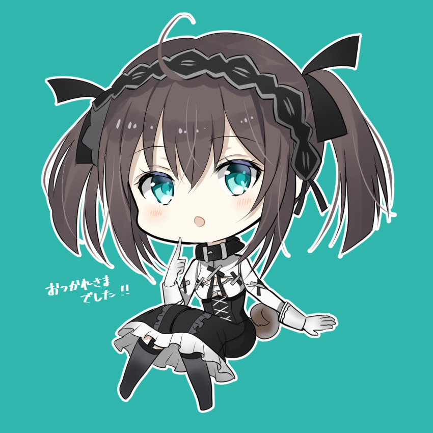 1girl :o ahoge bangs black_hairband black_legwear black_skirt blush breasts brown_hair chibi copyright_request eyebrows_visible_through_hair full_body garter_straps gloves green_background green_eyes hair_between_eyes hair_ribbon hairband highres index_finger_raised kneehighs long_hair long_skirt long_sleeves myusha outline parted_lips ribbon shirt simple_background skirt small_breasts solo tail translated twintails virtual_youtuber white_gloves white_outline white_shirt