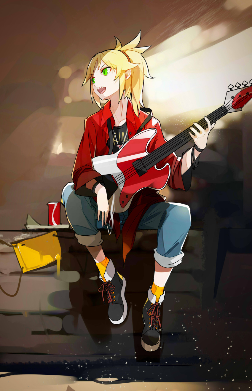 1girl absurdres black_shirt blonde_hair blue_pants collarbone dress_shirt fate/apocrypha fate_(series) full_body green_eyes guitar hair_ornament highres holding holding_instrument instrument long_hair looking_to_the_side mordred_(fate) mordred_(fate)_(all) open_clothes open_mouth open_shirt pants ponytail red_shirt shirt sitting solo takumi_chiho