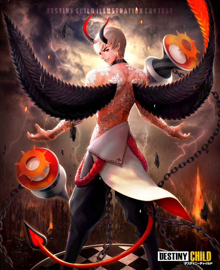 1boy bare_shoulders black_wings chains clouds copyright_name cross cross_earrings demon_horns demon_tail destiny_child earrings grey_sky grin highres horns jewelry kei1115 lightning looking_at_viewer neck_belt outdoors red_eyes smile standing tail tattoo white_hair wings