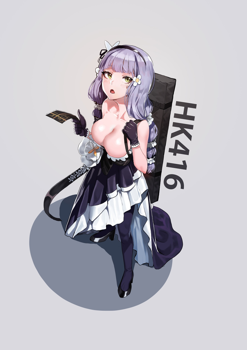 1girl absurdres alternate_costume bangs black_footwear black_legwear blunt_bangs blush breasts character_name cleavage dress eyebrows_visible_through_hair facial_mark flower full_body girls_frontline gloves green_eyes grey_background hair_flower hair_ornament hairband high_heels highres hk416_(girls_frontline) holding ihobus large_breasts long_hair looking_at_viewer multi-tied_hair open_mouth purple_dress sidelocks silver_hair simple_background skindentation solo strapless strapless_dress thigh-highs very_long_hair weapon_bag