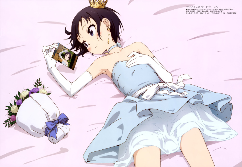 1girl :o absurdres bare_legs bare_shoulders bed_sheet black_hair blue_choker blue_dress blue_eyes blue_sky blush bouquet bow choker collarbone crown day dress dress_bow earrings elbow_gloves flat_chest flower flower_request gloves hand_on_own_chest hand_up highres holding_photo jewelry kurosaki_honoka layered_dress lying magazine_scan megami mini_crown official_art on_bed pink_bed_sheet pink_flower purple_flower purple_rose rose scan shiny shiny_hair short_hair sky smile solo strapless strapless_dress tongue white_bow white_dress white_flower white_gloves white_rose window yama_no_susume yellow_earrings yokota_takumi