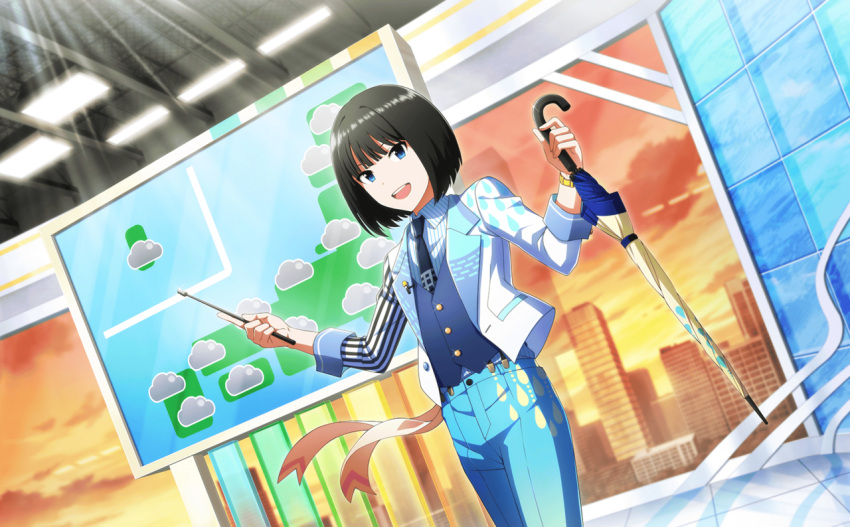 black_hair blue_eyes idolmaster idolmaster_side-m idolmaster_side-m_live_on_stage jacket kagura_rei short_hair smile