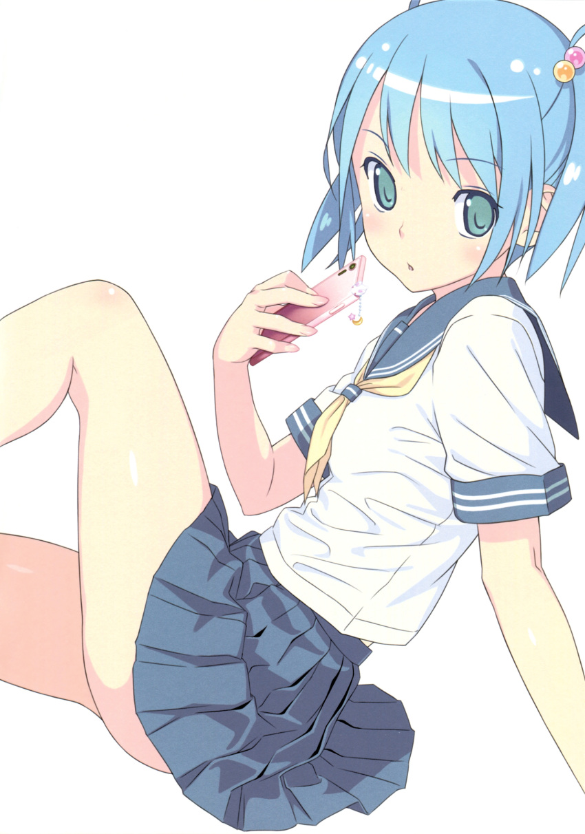 1girl absurdres arm_support bangs blue_eyes blue_hair blue_skirt blush breasts cellphone eyebrows_visible_through_hair fingernails hair_bobbles hair_ornament highres holding koutaro looking_at_viewer original parted_lips phone pleated_skirt scan school_uniform shiny shiny_hair shiny_skin short_hair short_sleeves short_twintails simple_background skirt small_breasts solo thighs twintails white_background