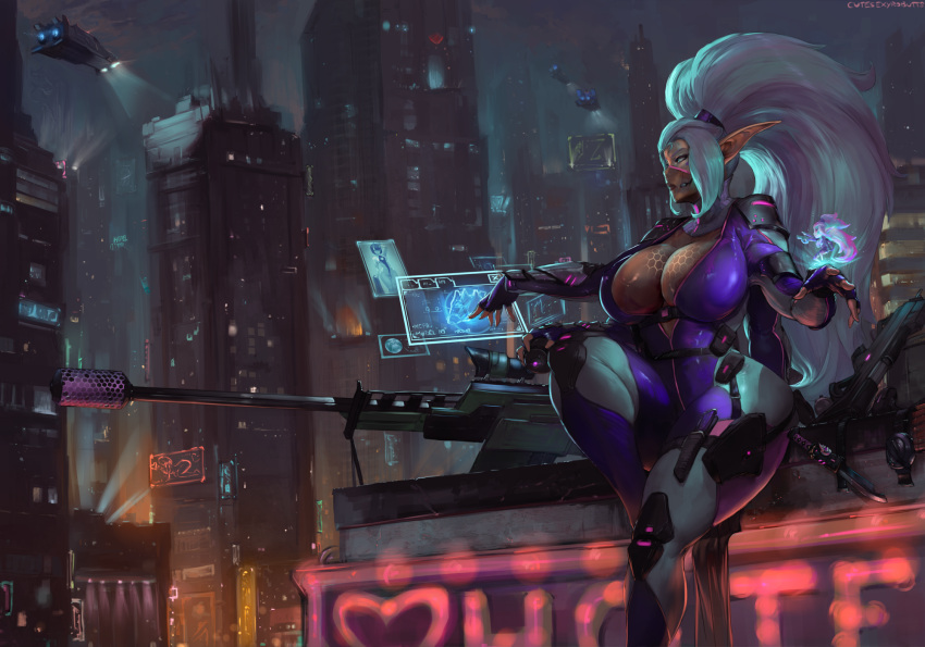 1girl arm_guards armor assault_rifle augmented_reality big_hair billboard blue_eyes bodysuit breasts building city cityscape cleavage commission curvy cutesexyrobutts cyberpunk fantasy fingerless_gloves gloves gun heads-up_display high_ponytail highres hologram holographic_interface holographic_touchscreen huge_breasts knee_pads knife knife_holster lights long_hair mask microphone mutant neon_lights night night_sky ninja_mask open_bodysuit original pointy_ears ponytail purple_bodysuit rifle science_fiction shoulder_pads sidelocks sitting sky skyscraper sniper_rifle space_craft strap tan thick_thighs thighs vehicle very_long_hair weapon white_hair wide_hips