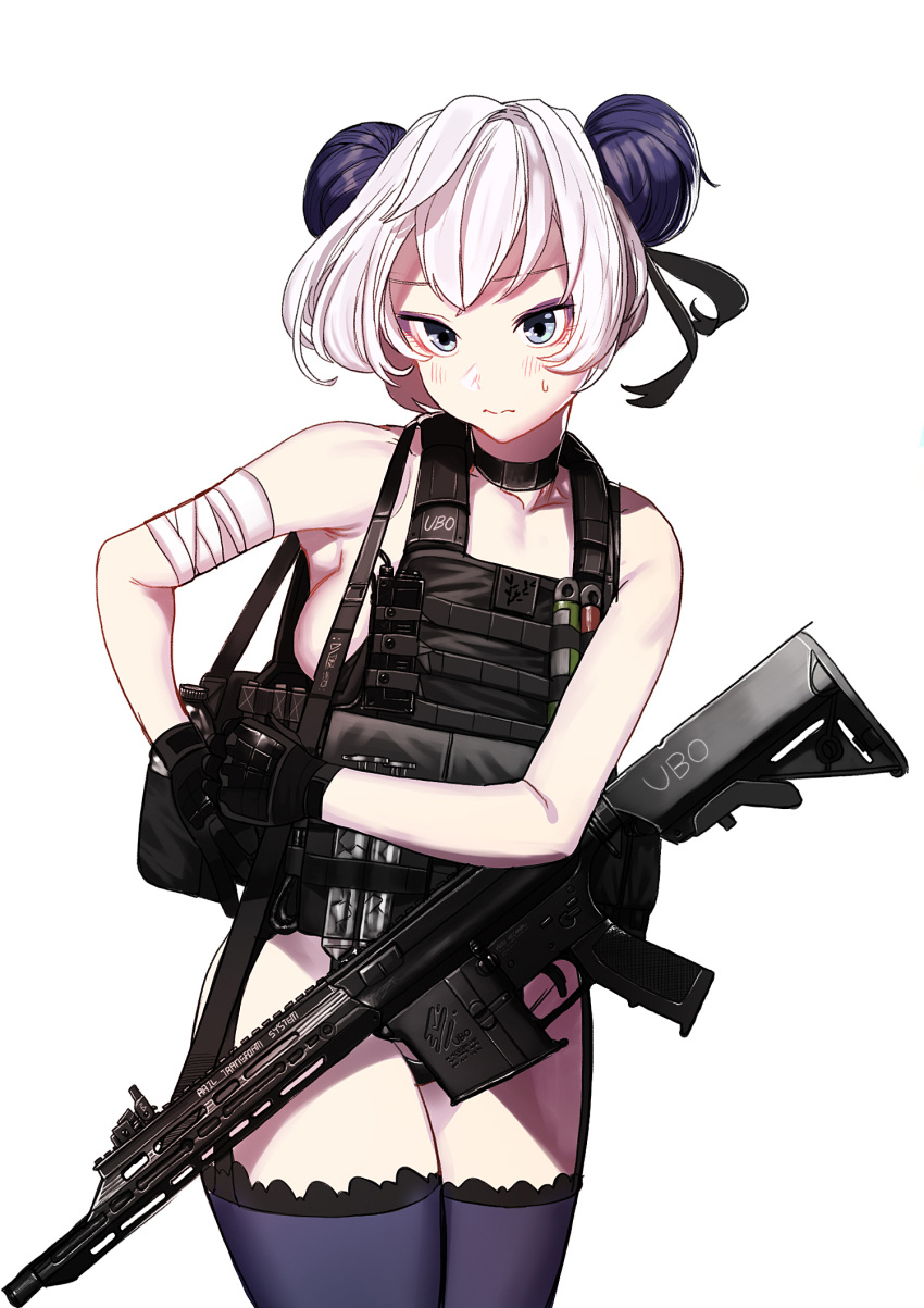 1girl assault_rifle bag bandage bare_shoulders black_gloves blue_eyes blush bottle breasts bulletproof_vest double_bun gloves gun highres ihobus original purple_legwear rifle sideboob smile solo sweatdrop thigh-highs weapon white_background white_hair