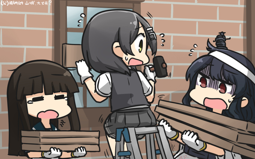 3girls black_hair brown_hair closed_eyes commentary dated eyebrows_visible_through_hair flying_sweatdrops gloves green_sailor_collar grey_skirt grey_vest hair_ornament hairclip hammer hamu_koutarou hatsuyuki_(kantai_collection) highres hime_cut holding holding_hammer kantai_collection kuroshio_(kantai_collection) long_hair motion_lines multiple_girls open_mouth pleated_skirt red_eyes sailor_collar shaded_face shirt short_hair short_sleeves skirt tears vest white_gloves white_shirt yamashiro_(kantai_collection) yawning yellow_eyes