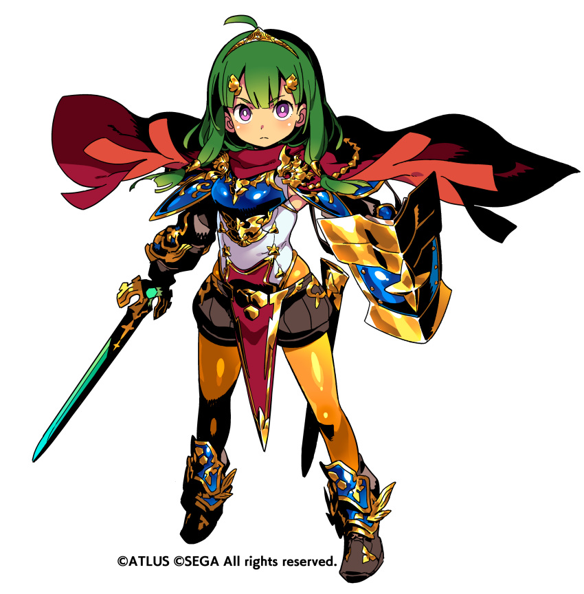 1girl absurdres ahoge armor armored_boots atlus boots bright_pupils cape copyright full_body green_hair hero_(sekaiju) highres himukai_yuuji holding holding_shield holding_sword holding_weapon long_hair official_art orange_legwear pelvic_curtain pink_eyes sega sekaiju_no_meikyuu sekaiju_no_meikyuu_x serious sheath shield solo sword tiara transparent_background weapon