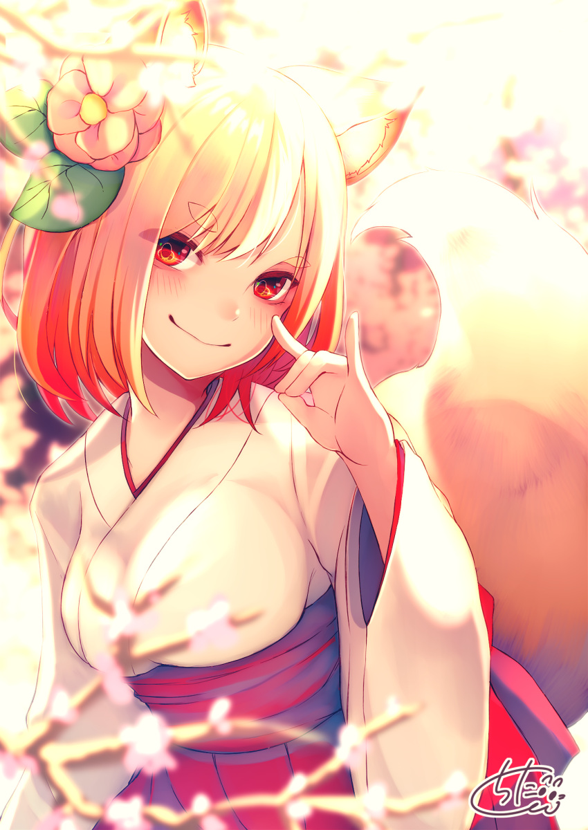 1girl animal_ear_fluff animal_ears bangs blurry blurry_background blurry_foreground blush chita_(ketchup) closed_mouth commentary_request depth_of_field eyebrows_visible_through_hair flower fox_ears fox_girl fox_shadow_puppet fox_tail gradient_hair hair_flower hair_ornament hand_up head_tilt highres japanese_clothes kimono light_brown_hair long_sleeves multicolored_hair original pink_flower pleated_skirt red_eyes red_flower red_skirt redhead short_eyebrows short_kimono signature skirt smile solo tail tail_raised thick_eyebrows tree_branch white_kimono wide_sleeves