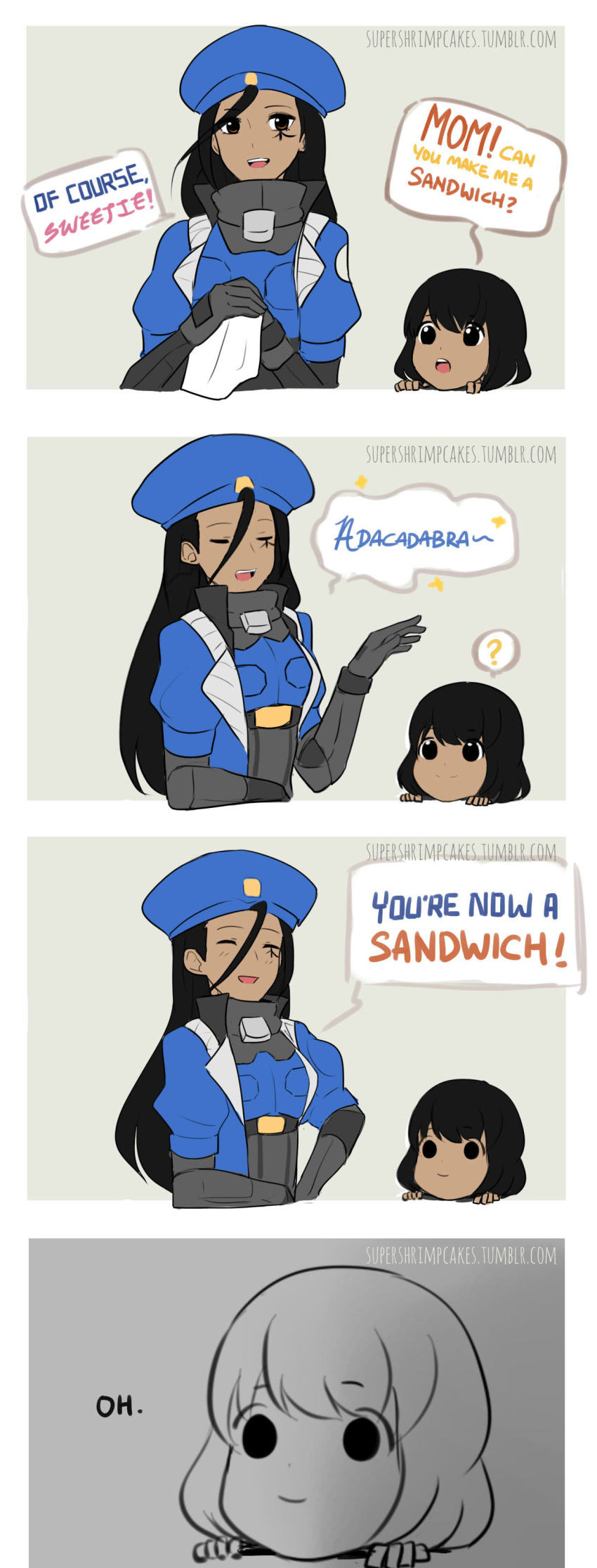 2girls 4koma absurdres ahoge alternate_hair_length alternate_hairstyle ana_(overwatch) beret black_eyes black_hair brown_eyes captain_amari child comic dark_skin english eye_of_horus facial_tattoo hat highres huge_ahoge long_hair military military_uniform mother_and_daughter multiple_girls overwatch pharah_(overwatch) short_hair smile supershrimpcakes tattoo uniform watermark web_address younger