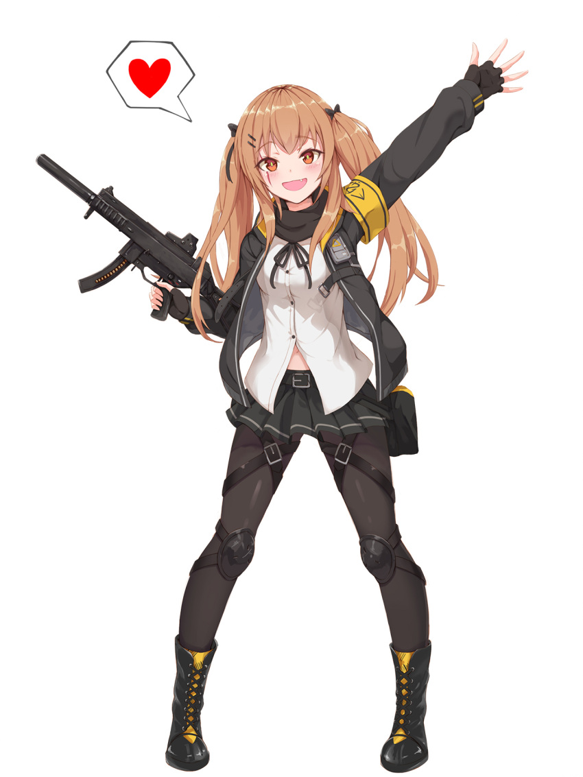 1girl armband arms_up black_bow black_jacket black_ribbon blush boots bow brown_hair fang fang_out fingerless_gloves girls_frontline gloves gun hair_ornament hairclip heart highres holding holding_gun holding_weapon hood hood_down hooded_jacket jacket knee_pads navel open_mouth orange_eyes pantyhose ribbon scar scar_across_eye solo speech_bubble submachine_gun twintails ump9_(girls_frontline) user_dxrp7822 weapon