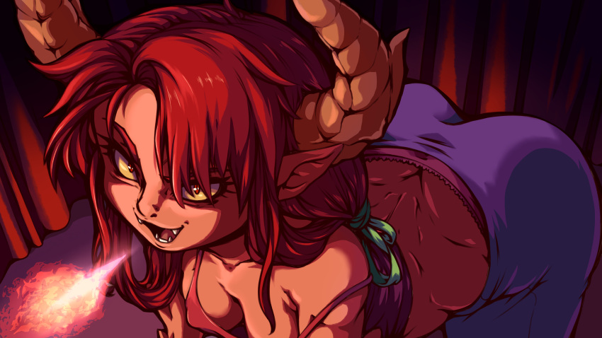 1girl absurdres all_fours ass bangs breasts breathing_fire butt_crack cleavage collarbone covered_nipples demon_girl demon_horns fangs fire green_ribbon hair_ribbon hekapoo highres horns long_hair medium_breasts messy_hair no_bra off_shoulder panties pants pink_panties plague_of_gripes purple_tank_top red_pupils redhead ribbon solo star_vs_the_forces_of_evil sweatpants tank_top underwear yellow_sclera