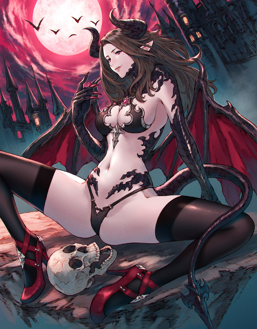 arm_support bat bikini black_bikini black_legwear breasts brown_hair castle claws cleavage closed_mouth demon_girl demon_tail demon_wings full_moon high_heels highres horns large_breasts lips long_hair looking_at_viewer makimura_shunsuke mole mole_under_eye moon navel night original pointy_ears red_eyes scales sitting skull spread_legs succubus swimsuit tail thigh-highs wings