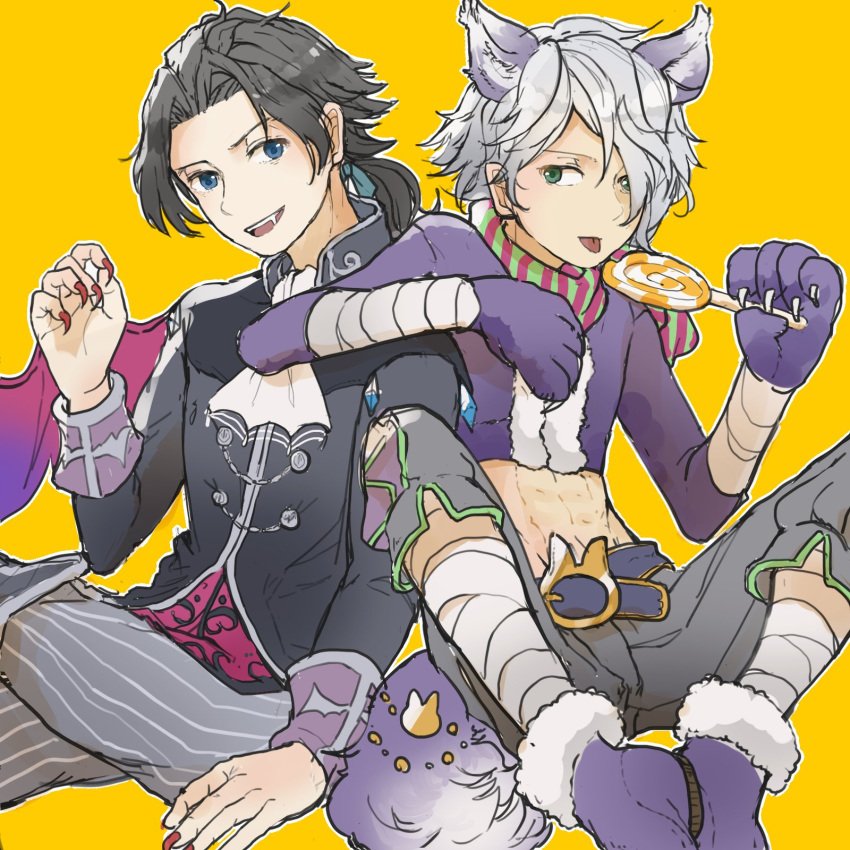 2boys animal_ears black_hair cape cyrus_(octopath_traveler) gloves hair_over_one_eye halloween highres long_hair looking_at_viewer male_focus multiple_boys octopath_traveler open_mouth rico_ot short_hair simple_background smile therion_(octopath_traveler) vampire white_hair wolf wolf_ears