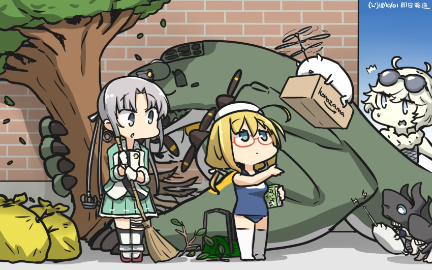 /\/\/\ 3girls ahoge akitsushima_(kantai_collection) amazon_(company) anchor blonde_hair brand_name_imitation brick_wall commentary_request dated enemy_lifebuoy_(kantai_collection) eyewear_on_head full_body glasses green_eyes green_skirt grey_hair hair_ornament hair_ribbon hamu_koutarou hat highres i-8_(kantai_collection) kantai_collection long_hair low_twintails military military_uniform mini_hat multiple_girls name_tag nishikitaitei-chan one-piece_swimsuit peaked_cap pleated_skirt propeller pt_imp_group red-framed_eyewear ribbon school_swimsuit semi-rimless_eyewear side_ponytail sidelocks skirt standing sunglasses supply_depot_hime swimsuit thigh-highs trash_bag tree twintails under-rim_eyewear uniform violet_eyes white_legwear