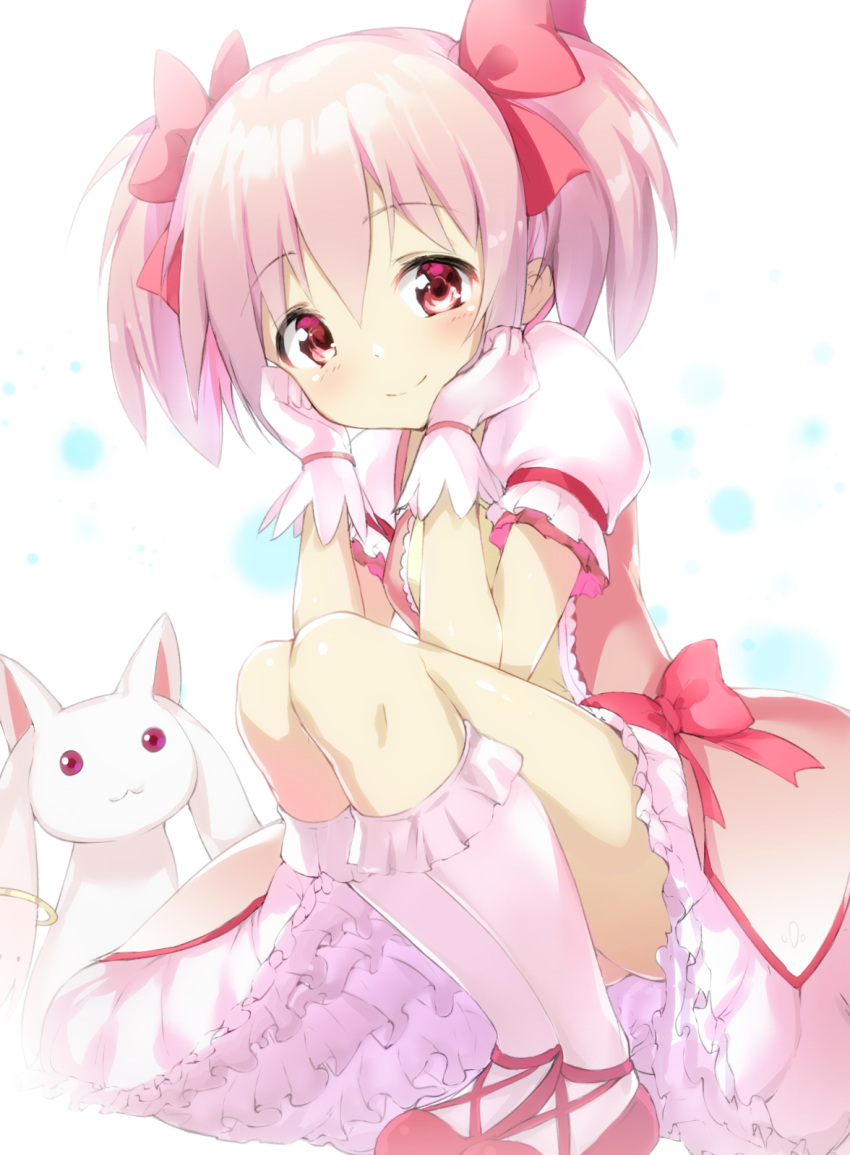 1girl bangs blush bow closed_mouth commentary_request creature eyebrows_visible_through_hair frilled_legwear frilled_skirt frills hair_between_eyes hair_bow highres kaname_madoka kneehighs kyubey mahou_shoujo_madoka_magica pink_hair pink_legwear pink_shirt pink_skirt puffy_short_sleeves puffy_sleeves red_bow red_eyes red_footwear rekareka shirt shoes short_sleeves skirt smile squatting twintails