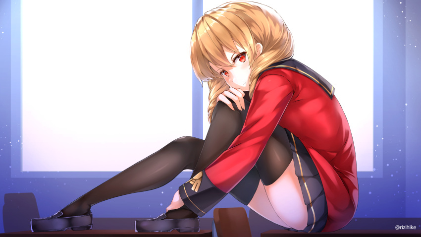 1girl blonde_hair classroom clip_studio_paint commission desk drill_hair erika_wagner flats highres long_hair red_eyes rizihike school_desk sitting sitting_on_object skirt solo stretch thick_thighs thigh-highs thighs twin_drills twintails under_night_in-birth under_night_in-birth_exe:late[st] uniform window
