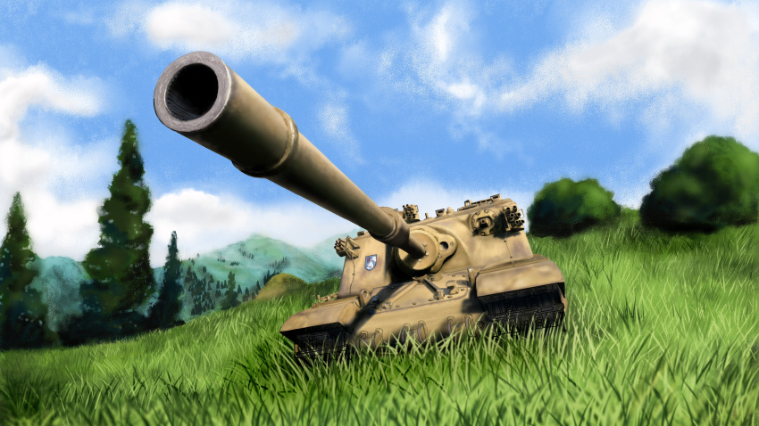 absurdres british caterpillar_tracks clouds day emblem girls_und_panzer grass ground_vehicle highres military military_vehicle motor_vehicle nm_(591795475) sky st._gloriana's_(emblem) tank tortoise_(tank) tree