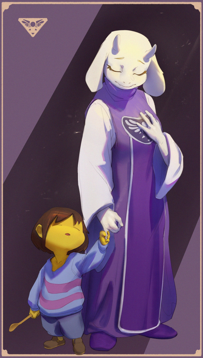 1girl 1other absurdres androgynous animal_ears breasts brown_footwear brown_hair closed_eyes frisk_(undertale) full_body furry furry_female goat_ears goat_girl goat_horns highres holding holding_hands holding_spoon horns long_sleeves open_mouth purple_footwear shirt short_hair spoon striped_clothes striped_shirt striped_sweater sweater toriel undertale white_shirt wooden_spoon zeker_art