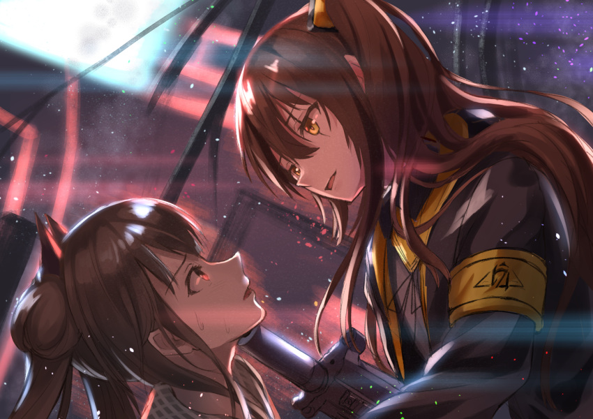 1girl 2girls akabane_hibame armband at_gunpoint bangs black_hair black_serafuku blurry blurry_background blush breasts brown_hair eyebrows_visible_through_hair fingerless_gloves girls_frontline gloves gun hair_between_eyes hair_ornament hood hood_down hooded_jacket jacket light_particles long_hair multiple_girls neck_ribbon one_side_up open_clothes open_jacket ouroboros_(girls_frontline) red_eyes ribbon sangvis_ferri scar scar_across_eye school_uniform screen serafuku smile sweat twintails ump45_(girls_frontline) very_long_hair weapon yellow_eyes