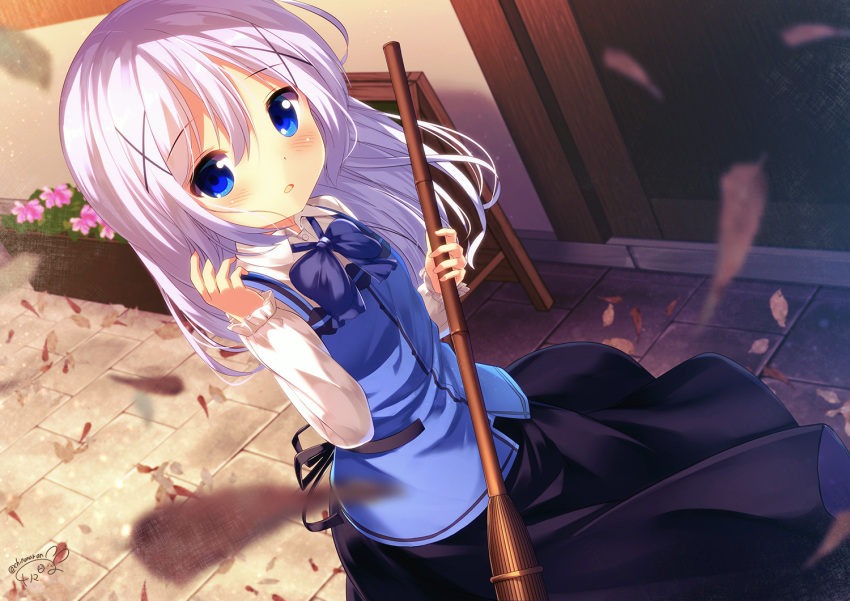 1girl bamboo_broom bangs black_skirt blue_bow blue_eyes blue_hair blue_vest blurry blurry_foreground blush bow broom chinomaron collared_shirt commentary_request day depth_of_field dress_shirt eyebrows_visible_through_hair flower gochuumon_wa_usagi_desu_ka? hair_between_eyes hair_ornament hand_up holding holding_broom kafuu_chino leaf long_hair looking_at_viewer outdoors parted_lips pink_flower rabbit_house_uniform shirt sign signature skirt solo standing twitter_username uniform very_long_hair vest waitress white_shirt x_hair_ornament