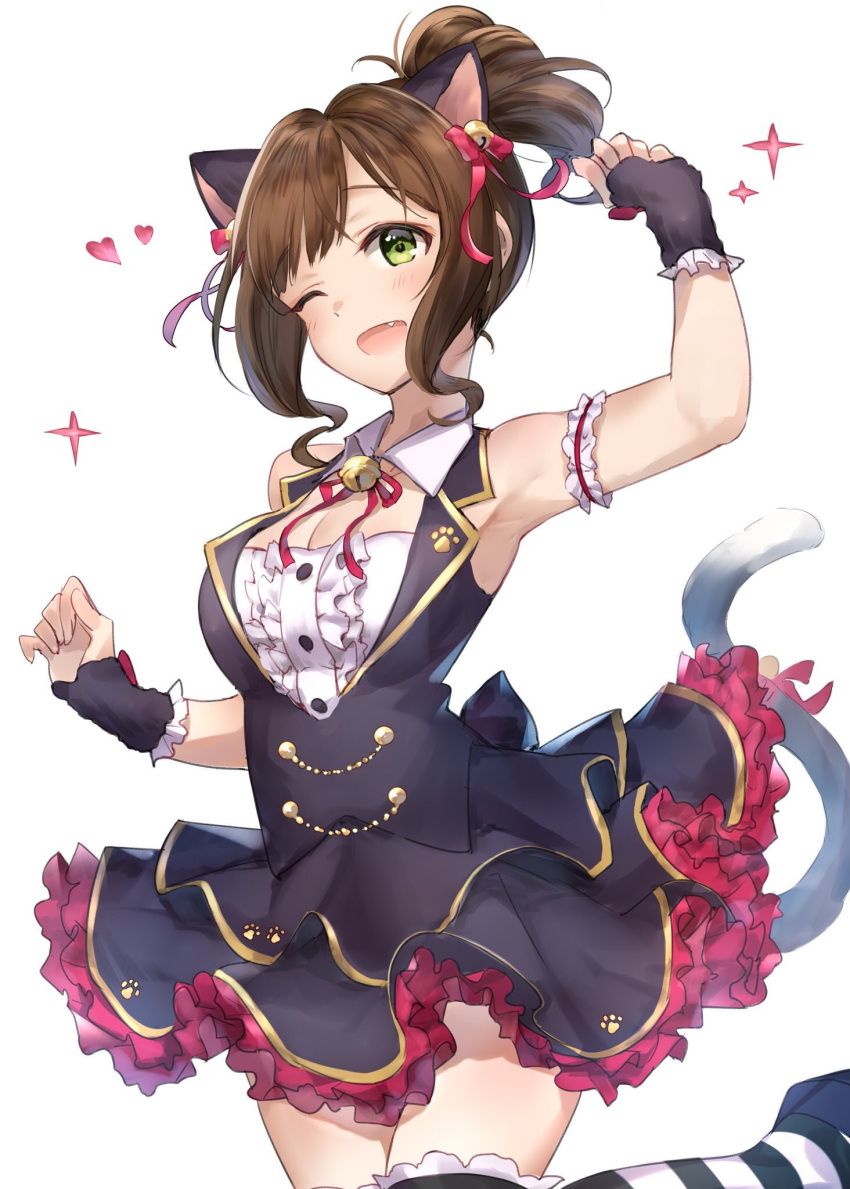 1girl animal_ears arm_garter bangs bare_shoulders bell black_dress blush breasts brown_hair cat_ears cat_tail cleavage dress fang frills green_eyes hair_ribbon heart highres idolmaster idolmaster_cinderella_girls jingle_bell large_breasts leg_up looking_at_viewer maekawa_miku one_eye_closed open_mouth ponytail red_ribbon ribbon short_hair simple_background smile solo sparkle striped striped_legwear tail takeashiro thighs white_background wrist_cuffs