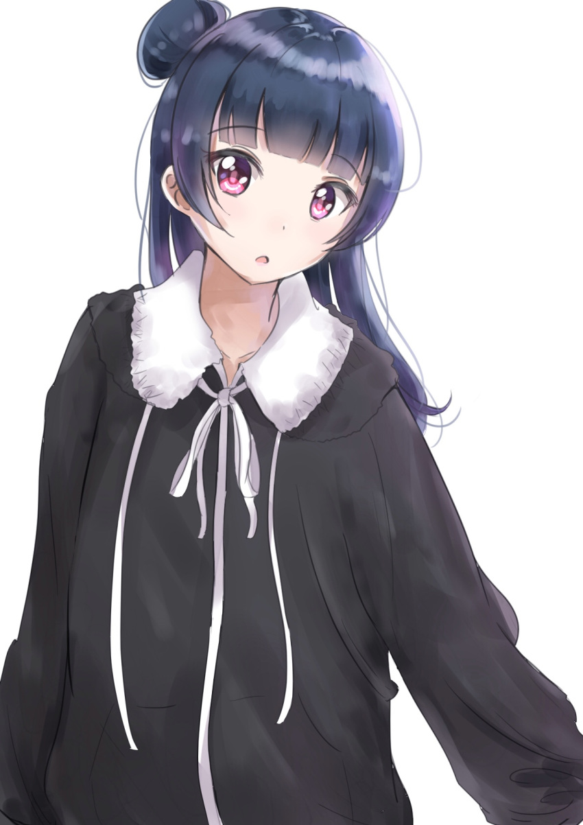 1girl bangs black_dress blue_hair blunt_bangs collarbone commentary_request cosplay dress eyebrows_visible_through_hair hair_bun head_tilt highres kobayashi_aika long_hair long_sleeves love_live! love_live!_sunshine!! neck_ribbon parted_lips puffy_long_sleeves puffy_sleeves ribbon side_bun sidelocks simple_background sin_(sin52y) solo tsushima_yoshiko violet_eyes white_background white_ribbon