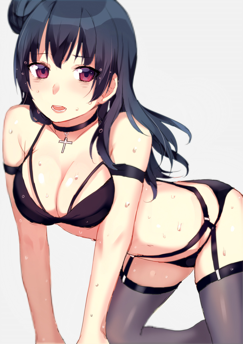 absurdres armband bangs bare_shoulders bent_over bikini black_bikini blue_hair breasts cleavage cross cross_necklace garter_belt garter_straps garters highres jewelry long_hair love_live! love_live!_sunshine!! mashiro_(rikuya) medium_breasts navel necklace side_bun spread_legs swimsuit tsushima_yoshiko violet_eyes water wet