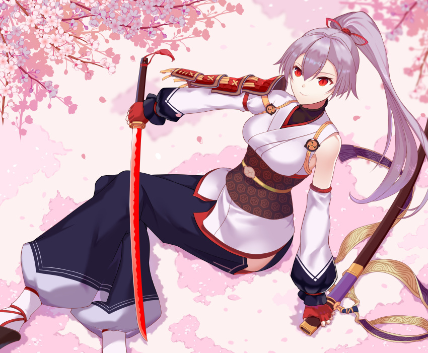 1girl absurdres armor asymmetrical_sleeves cherry_blossoms fate/grand_order fate_(series) fingerless_gloves gloves grey_hair hair_between_eyes hair_ribbon highres hip_vent holding holding_weapon japanese_armor japanese_clothes justice_kidd kimono long_hair looking_at_viewer red_eyes red_gloves red_ribbon ribbon sash shoulder_armor single_detached_sleeve slit_pupils smile sode solo tomoe_gozen_(fate/grand_order) weapon