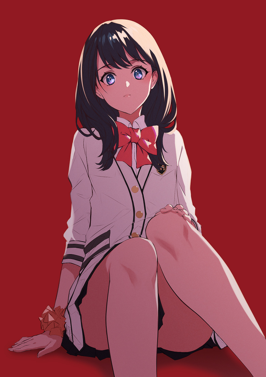 1girl ass bangs black_hair black_skirt blue_eyes bow cardigan collared_shirt expressionless eyebrows_visible_through_hair hand_on_own_knee highres legs long_hair long_sleeves looking_at_viewer microskirt orange_scrunchie pleated_skirt realmbw red_background red_bow school_uniform scrunchie shirt simple_background sitting skirt solo ssss.gridman takarada_rikka thighs white_cardigan white_shirt wrist_scrunchie