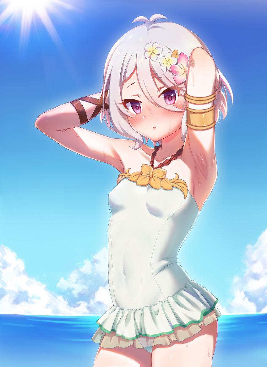 1girl :o absurdres antenna_hair armlet armpits arms_behind_head arms_up blue_sky blush breasts casual_one-piece_swimsuit clouds commentary_request covered_navel cowboy_shot day eyes_visible_through_hair flower grey_hair hair_between_eyes hair_flower hair_ornament halterneck highres horizon jewelry kokkoro_(princess_connect!) looking_at_viewer mumistar one-piece_swimsuit open_mouth outdoors pink_flower princess_connect!_re:dive see-through short_hair sky small_breasts solo sun swimsuit swimsuit_skirt violet_eyes water water_drop wet white_flower white_swimsuit