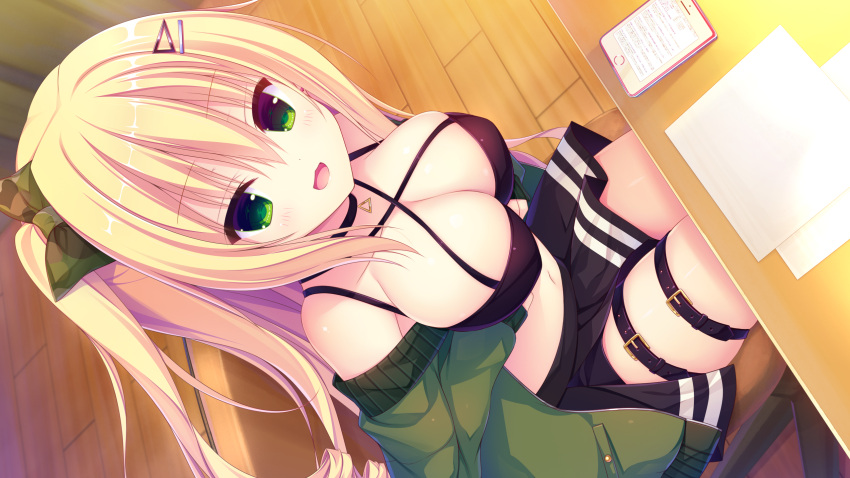 blonde_hair blush breasts choker criss-cross_halter desk eyebrows_visible_through_hair from_above game_cg green_eyes hair_ornament hairclip halterneck hasune highres jacket large_breasts long_hair navel off_shoulder official_art open_clothes open_jacket open_mouth raspberry_cube sitting thigh_strap two_side_up yuzuki_yuu
