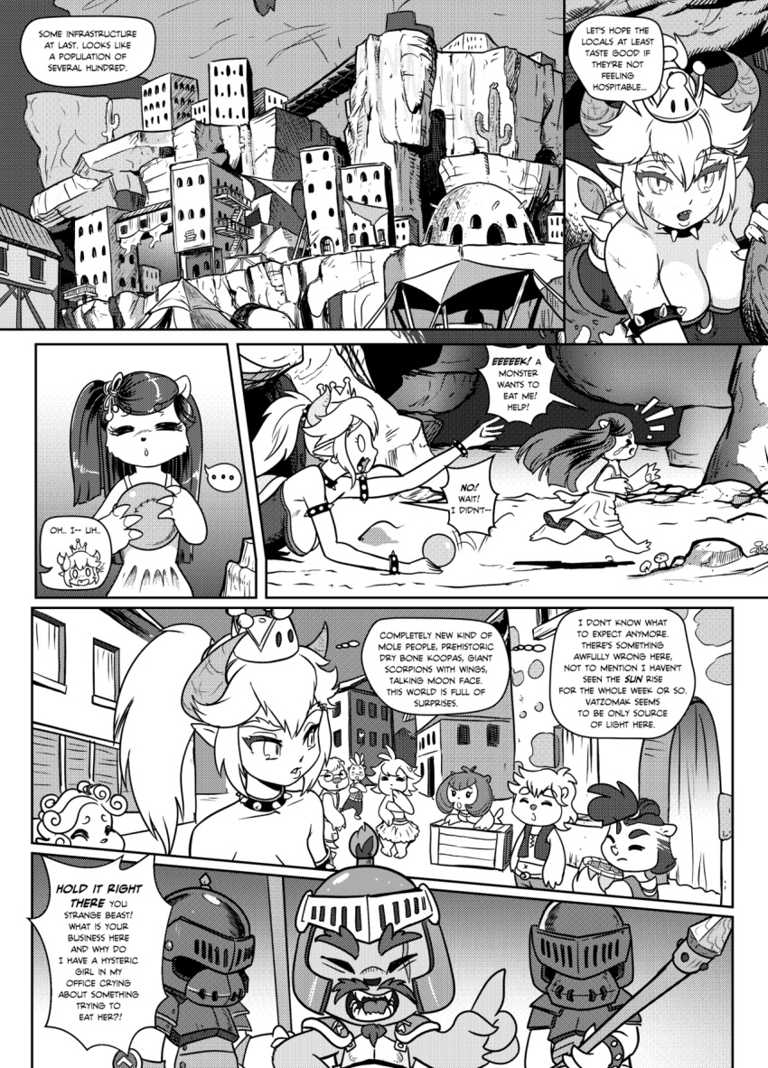 1girl armor bangs bowsette breasts building cleavage comic crown earrings english fangs highres jewelry left-to-right_manga super_mario_bros. new_super_mario_bros._u_deluxe nintendo pencils_(artist) polearm reptilian super_crown tagme turtle_shell weapon