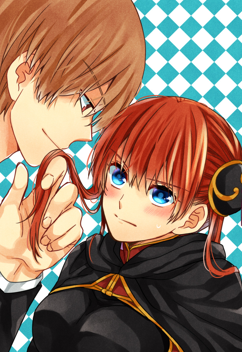 1boy 1girl black_cape blue_eyes breasts brown_hair cape checkered checkered_background couple eye_contact eyebrows_visible_through_hair gintama hair_between_eyes hair_ornament highres holding_another's_hair kagura_(gintama) looking_at_another medium_breasts mutospectacle okita_sougo red_eyes short_hair sweatdrop twintails