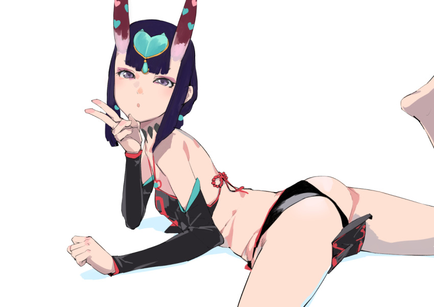 1girl ass bare_shoulders detached_sleeves eyeliner fate/grand_order fate_(series) hair_ornament kiriyama looking_at_viewer lying makeup on_stomach oni parted_lips purple_hair revealing_clothes shuten_douji_(fate/grand_order) solo spread_legs violet_eyes