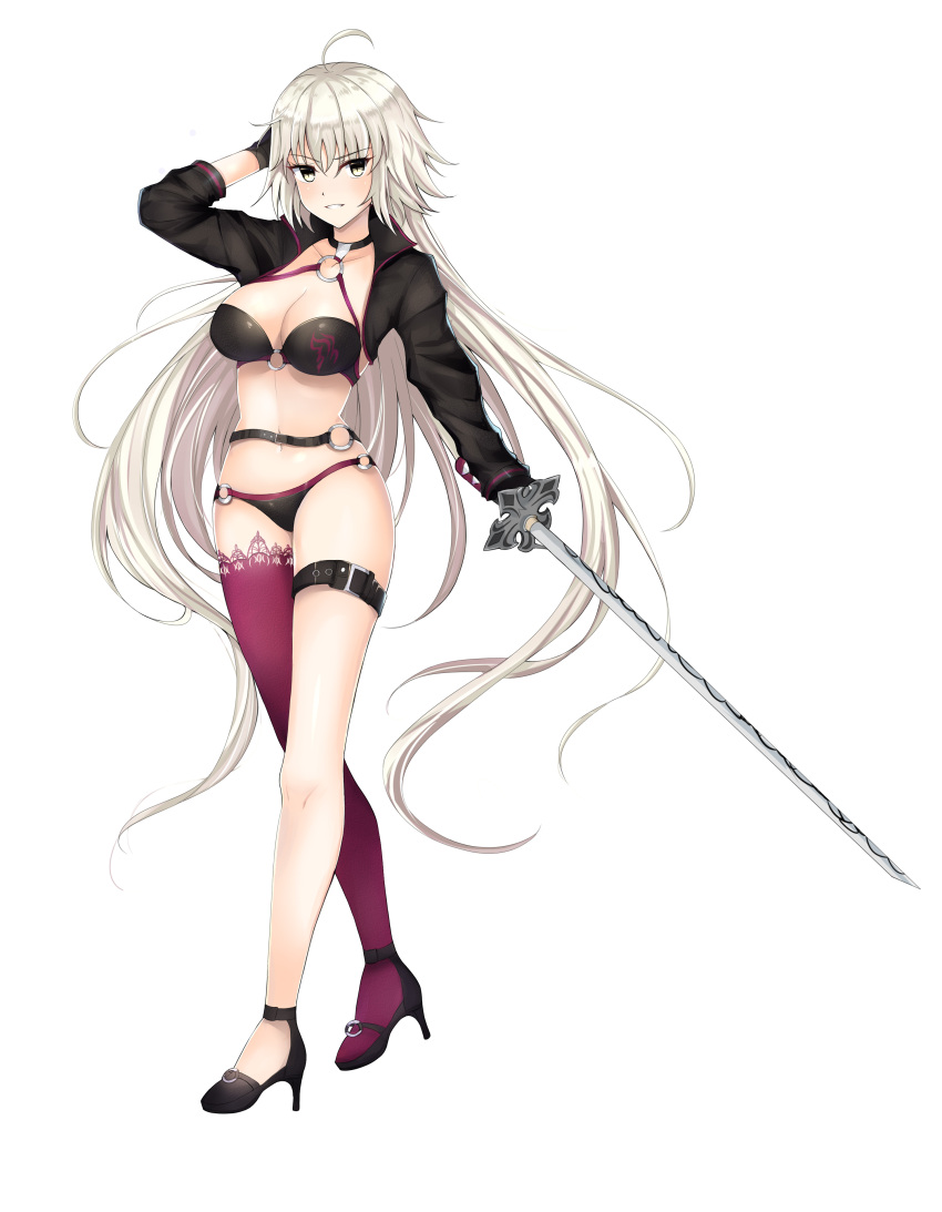 absurdres ahoge arm_up bangs bikini black_bikini black_footwear black_gloves blush breasts buckle cleavage commentary_request eyebrows_visible_through_hair fate/grand_order fate_(series) full_body gloves grey_hair grin high_heels highres holding holding_sword holding_weapon jeanne_d'arc_(alter_swimsuit_berserker) jeanne_d'arc_(fate)_(all) long_hair long_sleeves looking_at_viewer lydia601304 medium_breasts navel o-ring o-ring_bikini o-ring_top parted_lips pink_legwear shrug_(clothing) simple_background single_thighhigh smile standing stomach swimsuit sword tachi-e teeth thigh-highs v-shaped_eyebrows very_long_hair weapon white_background yellow_eyes