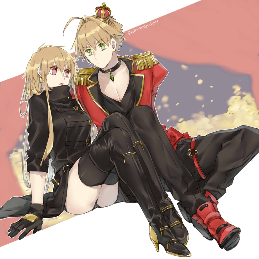1boy 1girl 88_(einnimnech) arm_support black_footwear black_gloves black_legwear black_panties black_pants blonde_hair boots collar crown dutch_angle earrings eye_contact fate/extra fate_(series) full_body gem genderswap genderswap_(ftm) genderswap_(mtf) gilgamesh gloves green_eyes high_heel_boots high_heels highres jewelry long_hair looking_at_another mini_crown nero_claudius_(fate) nero_claudius_(fate)_(all) open_mouth panties pants red_eyes red_footwear shiny shiny_hair sitting thigh-highs thigh_boots underwear